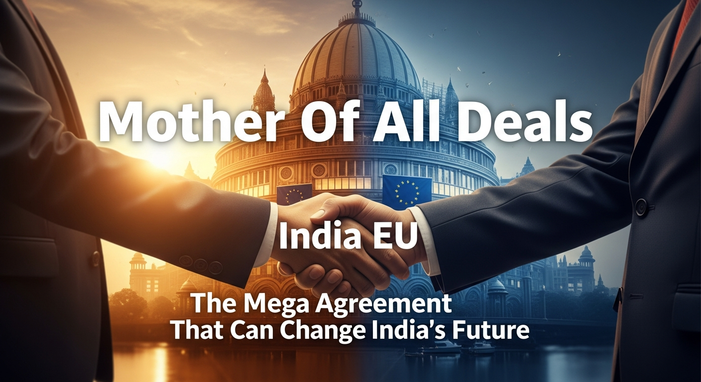 A close-up of a professional handshake between two people in suits, centered in front of a grand government building with India and EU flags, featuring the headline "The Mega Agreement That Can Change India's Future."